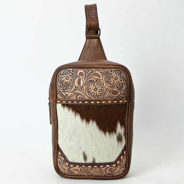ADBG1555 American Darling Western Leather Sling Bag with Hair-On Cowhide & Hand-Tooled Floral Accents