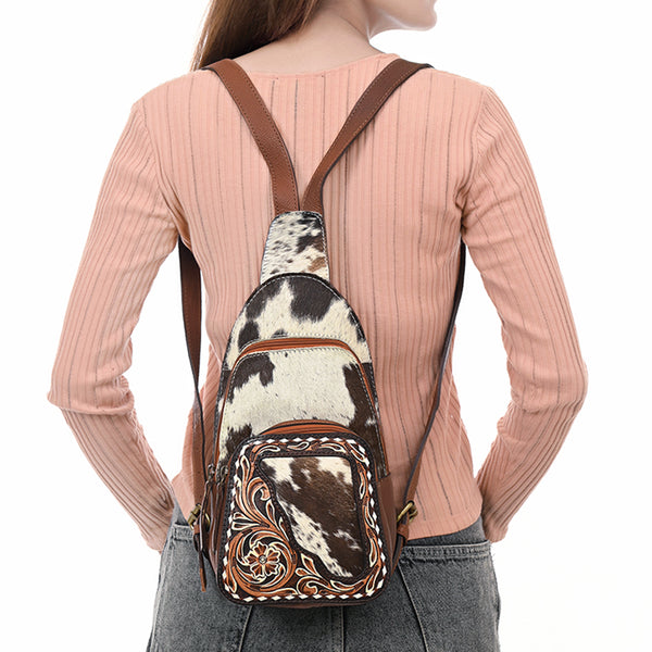 ADBGA609 American Darling Buck Stitched Floral Carved Hair-On Leather Sling Bag