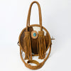 ADBGM466 Round Cowhide Leather Canteen Fringe Bag - Western Turquoise Concho & Braided Strap