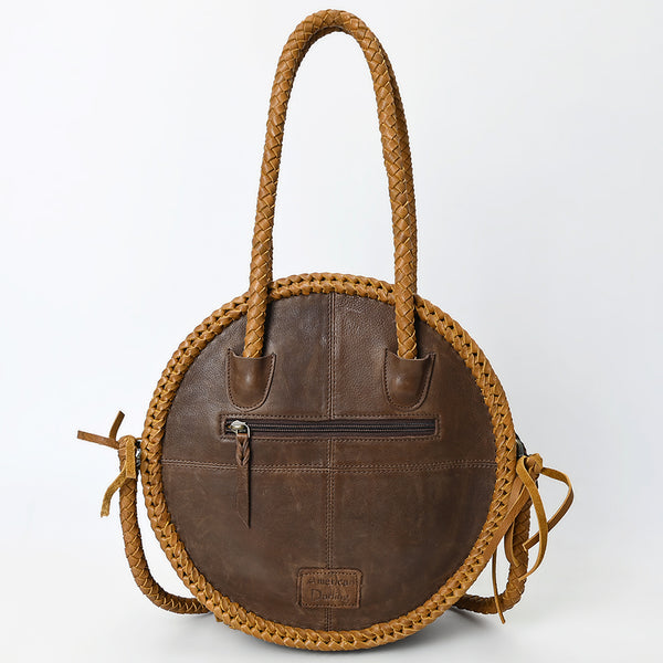 ADBGM466 Round Cowhide Leather Canteen Fringe Bag - Western Turquoise Concho & Braided Strap