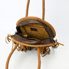 ADBGM466 Round Cowhide Leather Canteen Fringe Bag - Western Turquoise Concho & Braided Strap