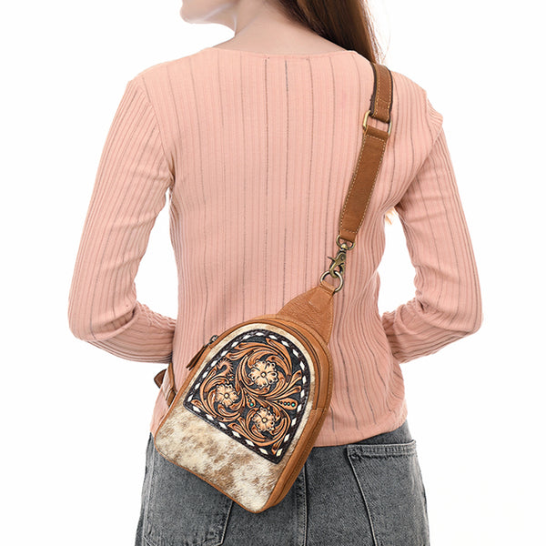 ADBGA612 American Darling Tooled Cowhide Leather Sling Bag-Western Floral Crossbody
