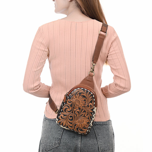 ADBGA613 American Darling Buck Stitched Floral Carved Hair-On Leather Sling Bag