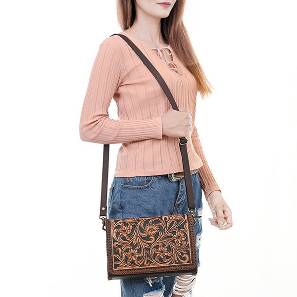 ADBGA614 American Darling Hand Tooled Floral Carved Genuine Leather Small Cross body Bag