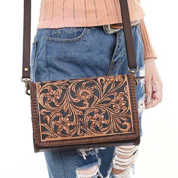 ADBGA614 American Darling Hand Tooled Floral Carved Genuine Leather Small Cross body Bag