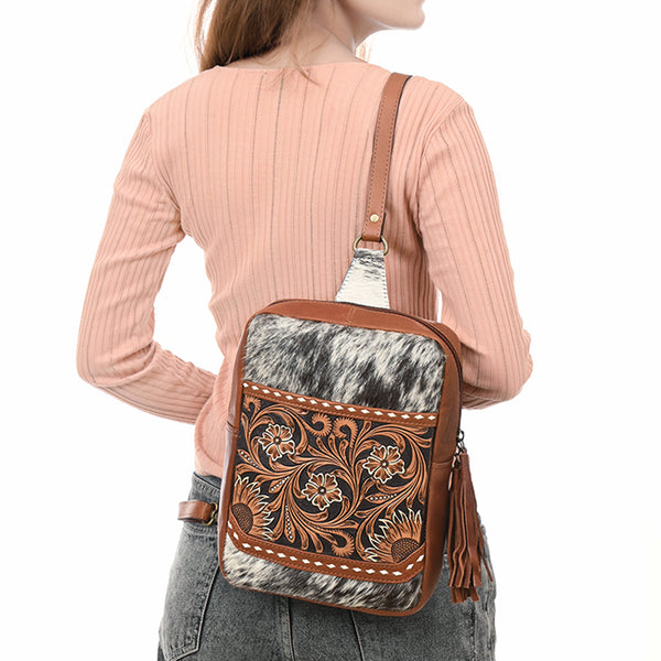 ADBGA624 American Darling Cowhide Sling with Sunflower Tooled Leather & Fringe Tassel