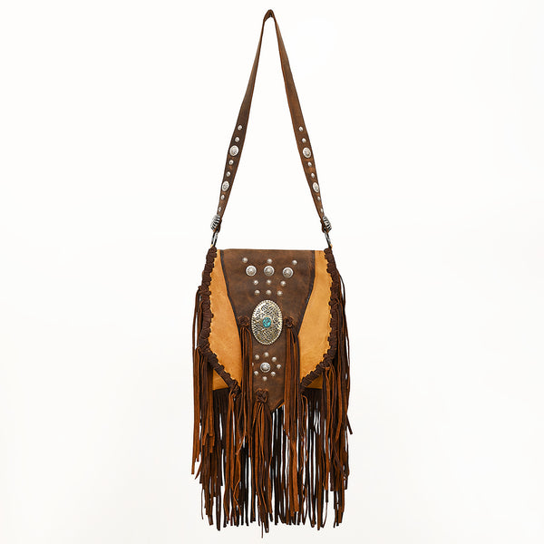 ADBGM468 Western Leather Fringe Messenger Bag - Concho & Turquoise Medallion Design