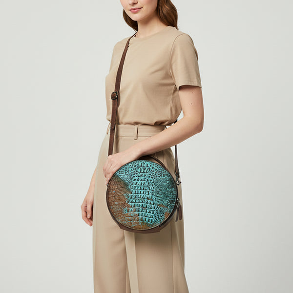 ADBG1563 American Darling Western Genuine Leather Canteen Bag | Crocodile Embossed Round Crossbody