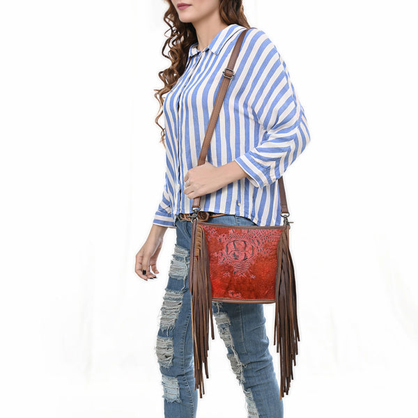 ADBG1565 American Darling Western Leather Crossbody Bag with Fringe & Croc Embossed Detailing