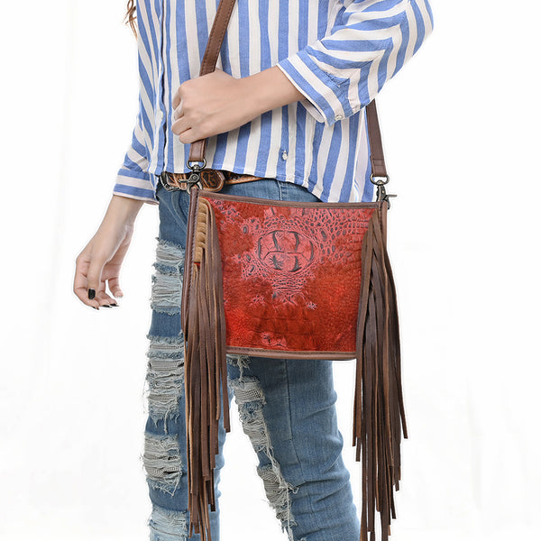 ADBG1565 American Darling Western Leather Crossbody Bag with Fringe & Croc Embossed Detailing