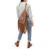 ADBG1568A American Darling Western Leather Sling Bag with Hand Tooled Floral Detailing & Fringe