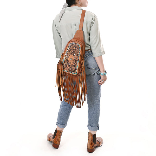ADBG1568A American Darling Western Leather Sling Bag with Hand Tooled Floral Detailing & Fringe