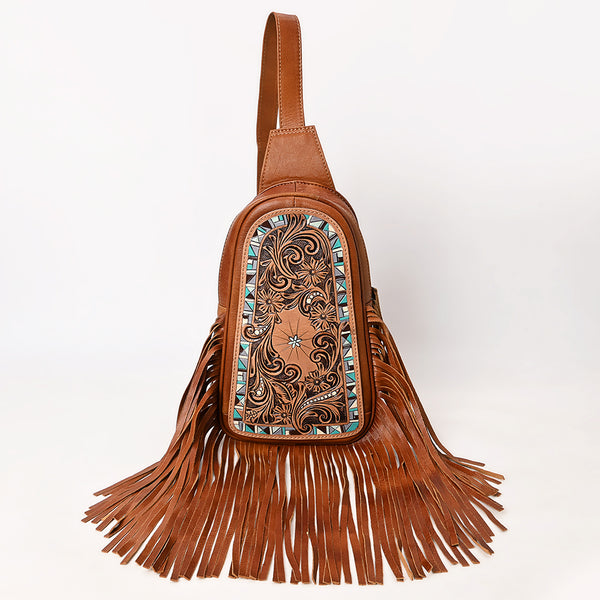 ADBG1568A American Darling Western Leather Sling Bag with Hand Tooled Floral Detailing & Fringe
