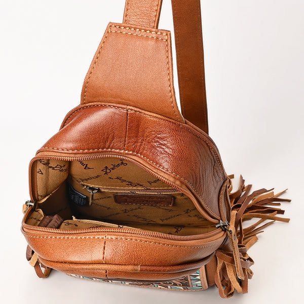 ADBG1568A American Darling Western Leather Sling Bag with Hand Tooled Floral Detailing & Fringe
