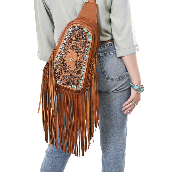 ADBG1568A American Darling Western Leather Sling Bag with Hand Tooled Floral Detailing & Fringe