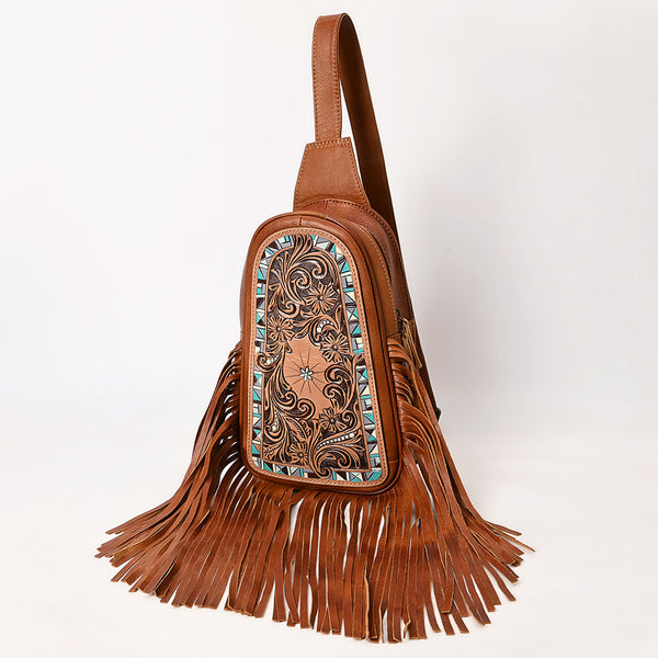 ADBG1568A American Darling Western Leather Sling Bag with Hand Tooled Floral Detailing & Fringe