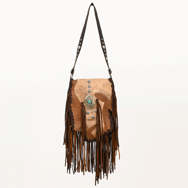 ADBGM471 Western Fringe Leather Messenger - Sculpted Flap with Turquoise Medallion & Concho Accents