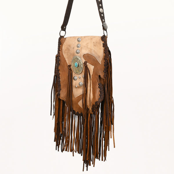 ADBGM471 Western Fringe Leather Messenger - Sculpted Flap with Turquoise Medallion & Concho Accents