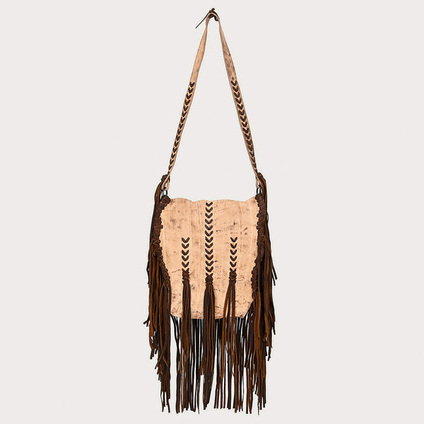 ADBGM472 Western Boho Leather Fringe Messenger Bag - Distressed Flap with Hand-Laced Detailing