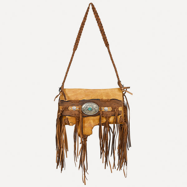 ADBGM474 Western Fringe Leather Crossbody Bag - Rawhide Style with Turquoise Concho & Braided Strap