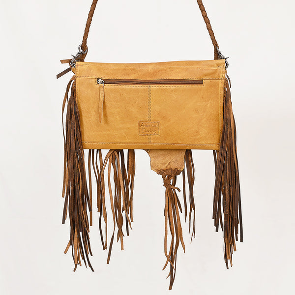 ADBGM474 Western Fringe Leather Crossbody Bag - Rawhide Style with Turquoise Concho & Braided Strap