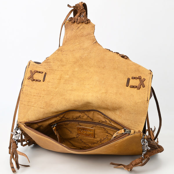 ADBGM474 Western Fringe Leather Crossbody Bag - Rawhide Style with Turquoise Concho & Braided Strap