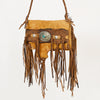 ADBGM474 Western Fringe Leather Crossbody Bag - Rawhide Style with Turquoise Concho & Braided Strap