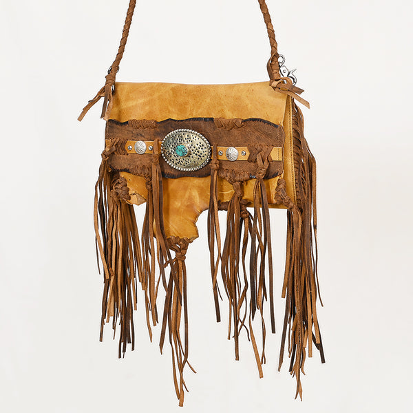 ADBGM474 Western Fringe Leather Crossbody Bag - Rawhide Style with Turquoise Concho & Braided Strap