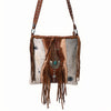 ADBGM476 Cowhide & Leather Fringe Messenger Bag - Crescent Concho with Turquoise & Studded Strap