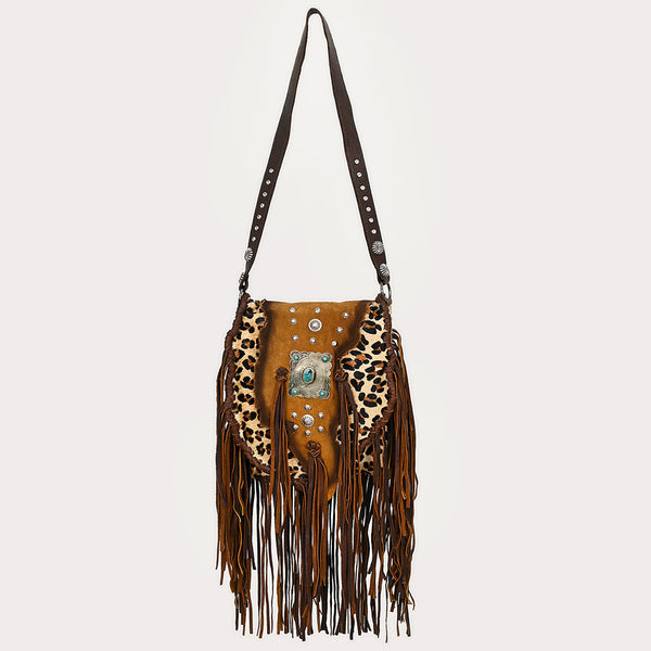 ADBGM477 Cowhide & Leather Western Fringe Messenger Bag - Western Concho Bag with Turquoise Accent