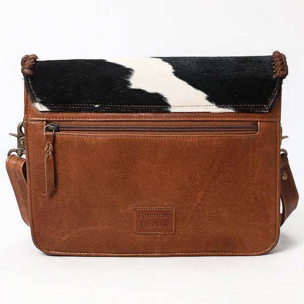 ADBGM480 Black & White Cowhide Crossbody Bag - Western Flapover with Braided Leather Trim