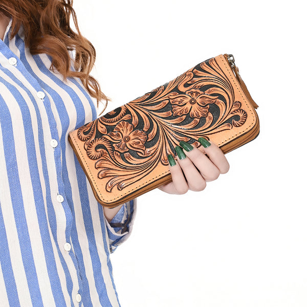 ADBGA629 American Darling Hand Tooled Genuine Leather Wristlet Bag Floral Carved
