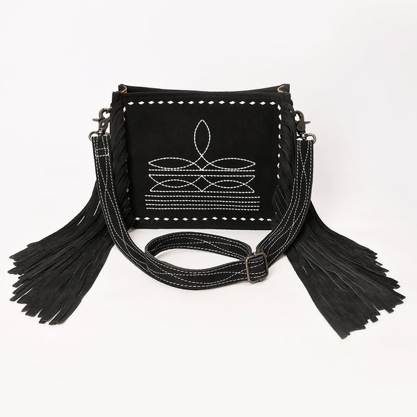 ADBG1572A American Darling Black Genuine Suede Leather Crossbody Bag with Fringe & Buck Stitch Detailing