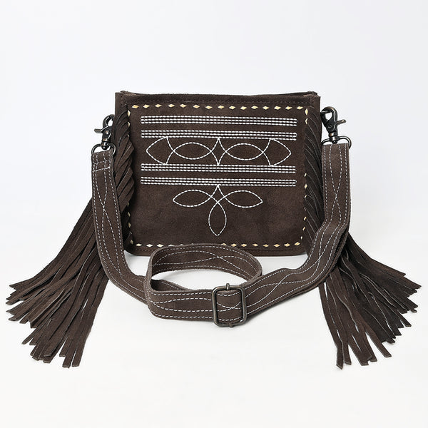 ADBG1572 American Darling Western Genuine Suede Leather Crossbody Bag with Fringe & Buck Stitch Detailing