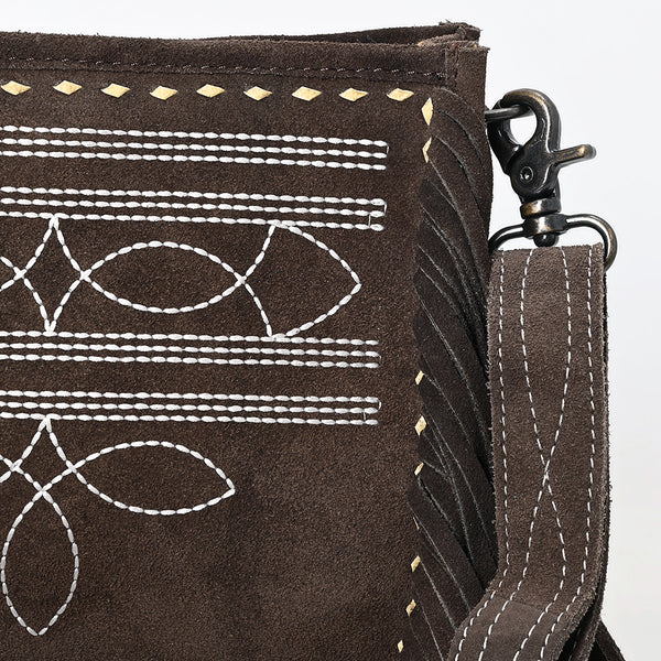 ADBG1572 American Darling Western Genuine Suede Leather Crossbody Bag with Fringe & Buck Stitch Detailing