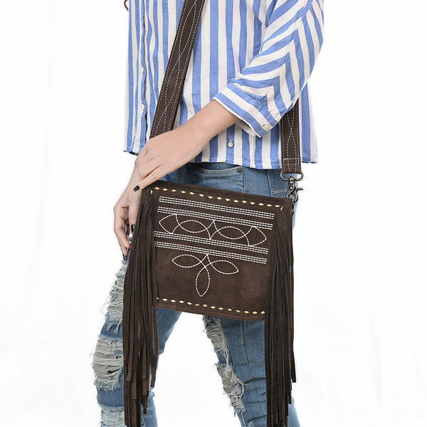 ADBG1572 American Darling Western Genuine Suede Leather Crossbody Bag with Fringe & Buck Stitch Detailing