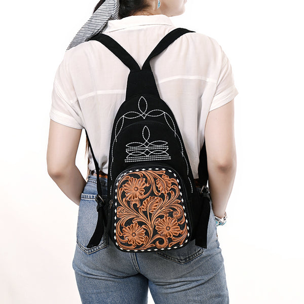 ADBG1573A American Darling Black Suede Genuine Leather Sling Bag with Hand Tooled Floral Front & Buck Stitch Details