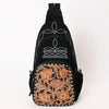 ADBG1573A American Darling Black Suede Genuine Leather Sling Bag with Hand Tooled Floral Front & Buck Stitch Details