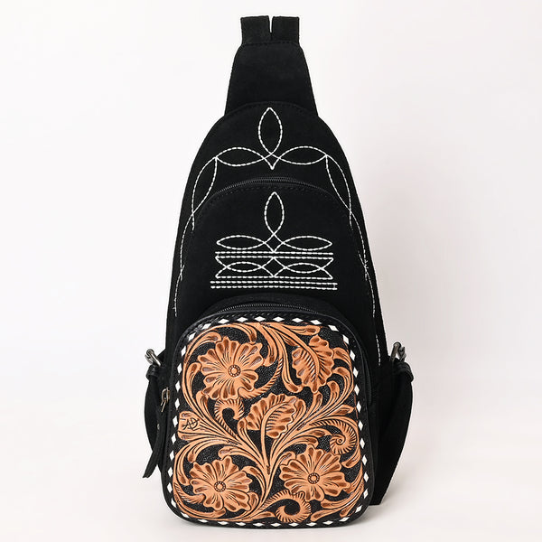 ADBG1573A American Darling Black Suede Genuine Leather Sling Bag with Hand Tooled Floral Front & Buck Stitch Details