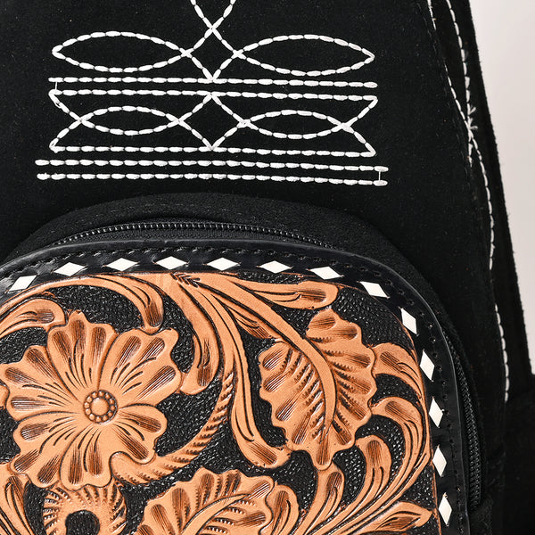 ADBG1573A American Darling Black Suede Genuine Leather Sling Bag with Hand Tooled Floral Front & Buck Stitch Details