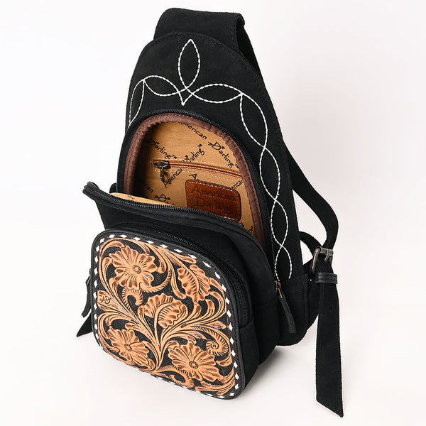 ADBG1573A American Darling Black Suede Genuine Leather Sling Bag with Hand Tooled Floral Front & Buck Stitch Details