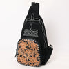 ADBG1573A American Darling Black Suede Genuine Leather Sling Bag with Hand Tooled Floral Front & Buck Stitch Details