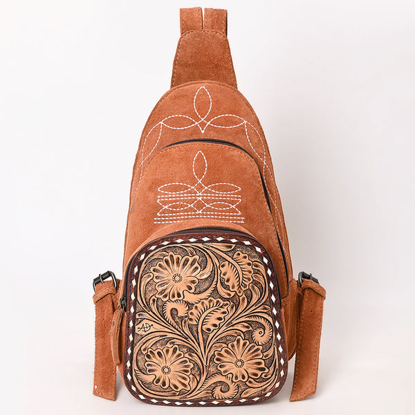 ADBG1573 American Darling Genuine Suede Leather Sling Bag with Hand Tooled Floral Front & Buck Stitch Details