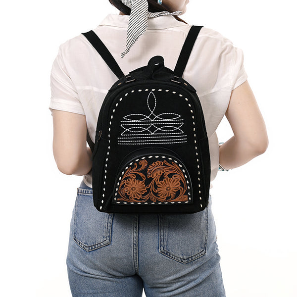ADBG1574B American Darling Black Suede Genuine Leather Backpack Bag with Hand Tooled Floral Front & Buck Stitch Accents