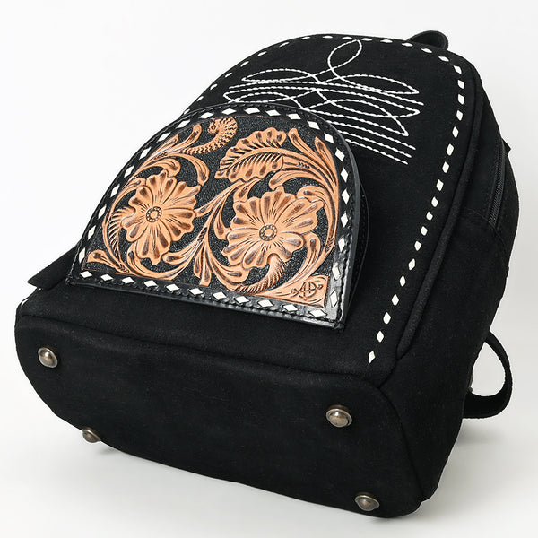 ADBG1574B American Darling Black Suede Genuine Leather Backpack Bag with Hand Tooled Floral Front & Buck Stitch Accents