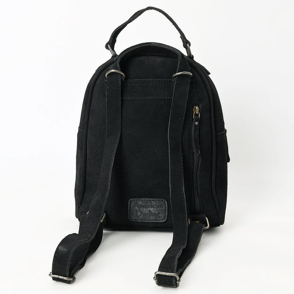 ADBG1574B American Darling Black Suede Genuine Leather Backpack Bag with Hand Tooled Floral Front & Buck Stitch Accents