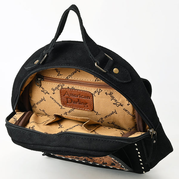 ADBG1574B American Darling Black Suede Genuine Leather Backpack Bag with Hand Tooled Floral Front & Buck Stitch Accents