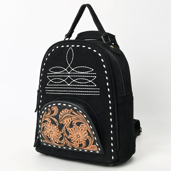 ADBG1574B American Darling Black Suede Genuine Leather Backpack Bag with Hand Tooled Floral Front & Buck Stitch Accents