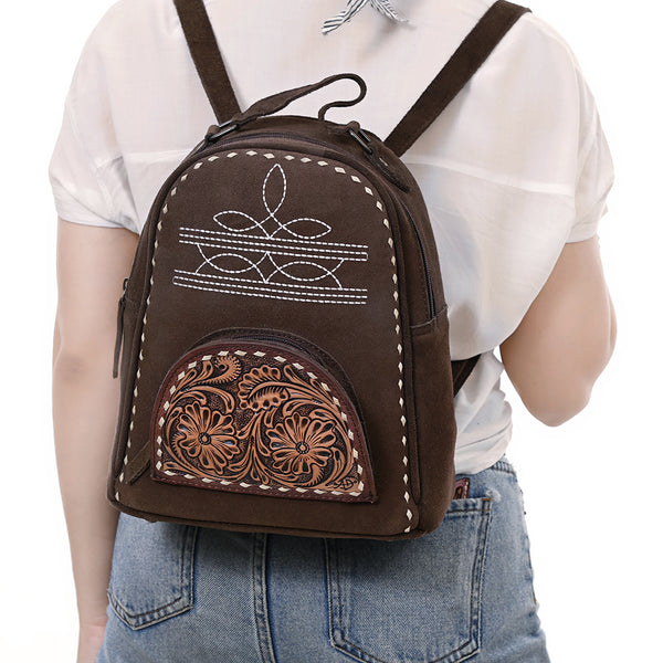 ADBG1574 American Darling Genuine Suede Leather Backpack Bag with Hand Tooled Floral Front & Buck Stitch Accents