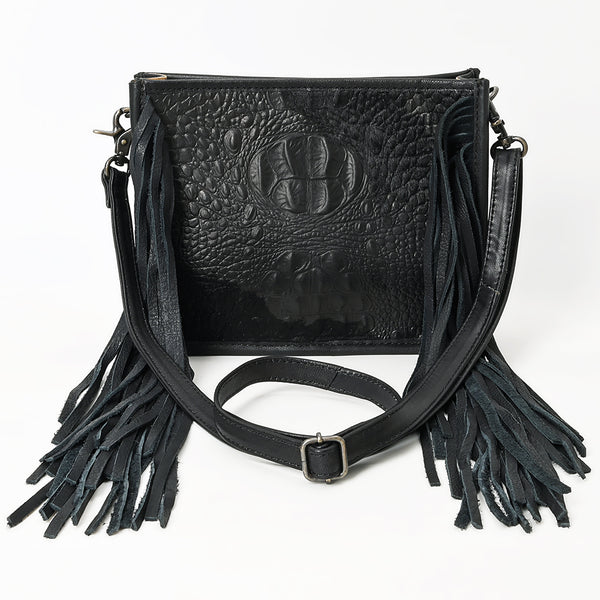 ADBG1565D American Darling Western Leather Crossbody Bag with Fringe & Croc Embossed Detailing Black